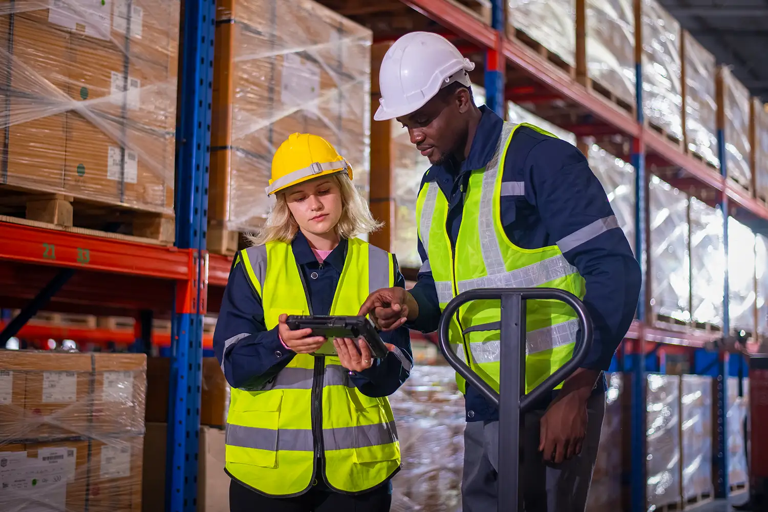 Two smart warehouse employees looking over a tablet during a digital transformation